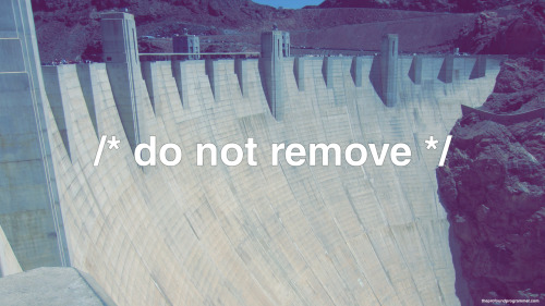 A picture of a dam with text overlayed to look like a code comment saying Do Not Remove